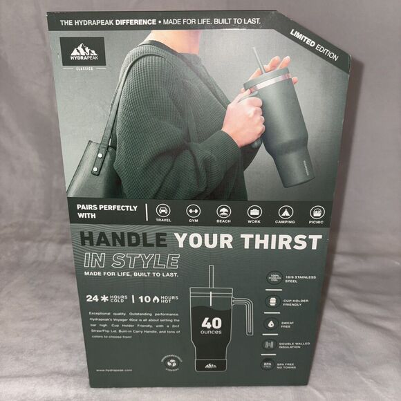 Hydrapeak Voyager 40oz Tumbler Handle Box Straw Lid Limited Edition Evergreen - Picture 6 of 6